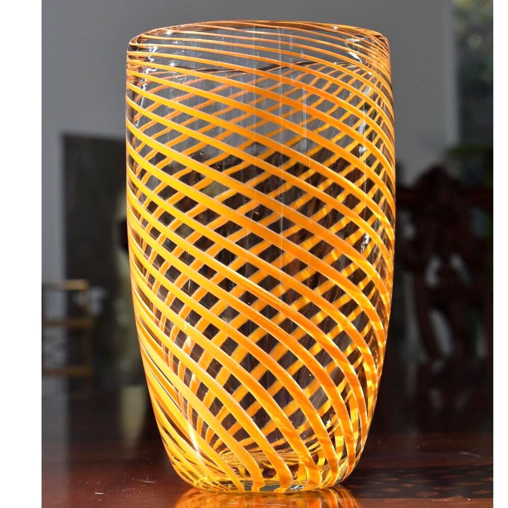 Tall Mid-Century Orange Spiral Stripe Murano Glass Vase